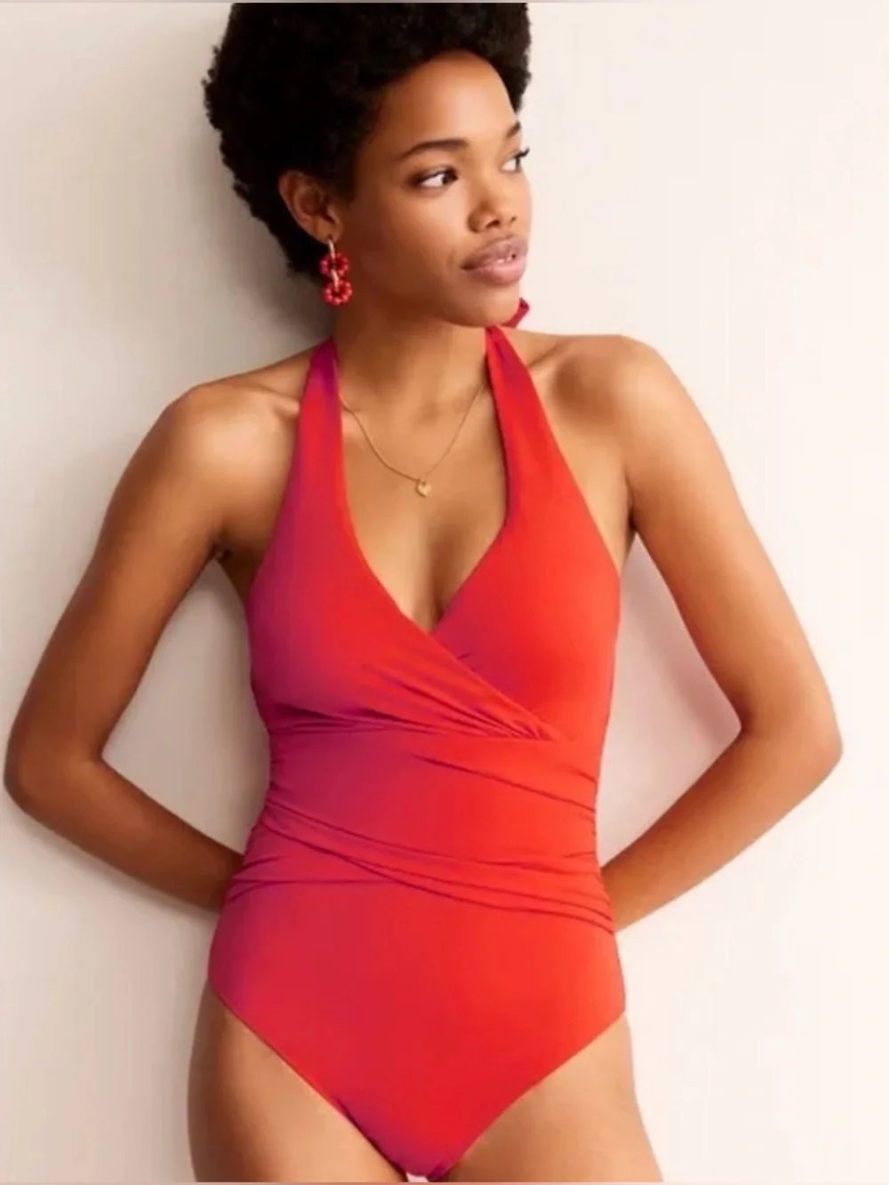 Boden Levanzo Ruched Halter Tie One Piece Swimsuit Fiesta Coral Size 6 Long NWT